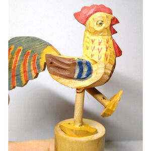 Mechanical Foot Kicking Rooster Hen Chicken Bottle Stopper Carved Wood Bar Anri